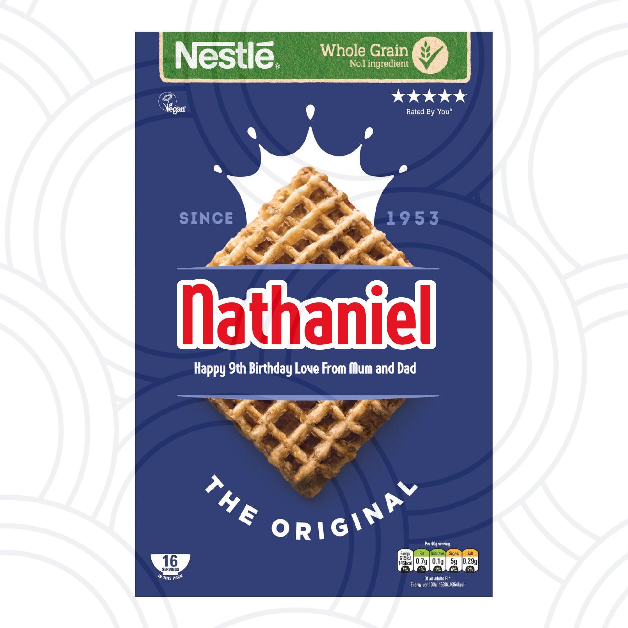 Personalised Shreddies cereal box label with custom name, funny birthday gift sticker for unique breakfast surprise